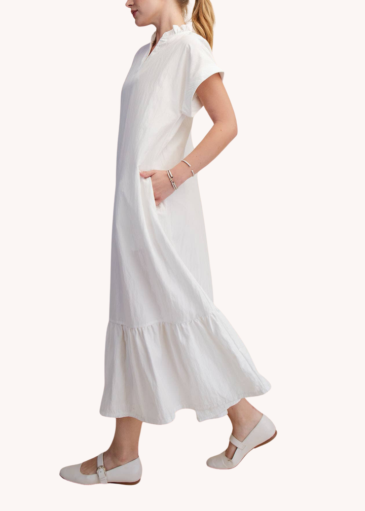 Ruffle Neck Relaxed Midi Dress in White
