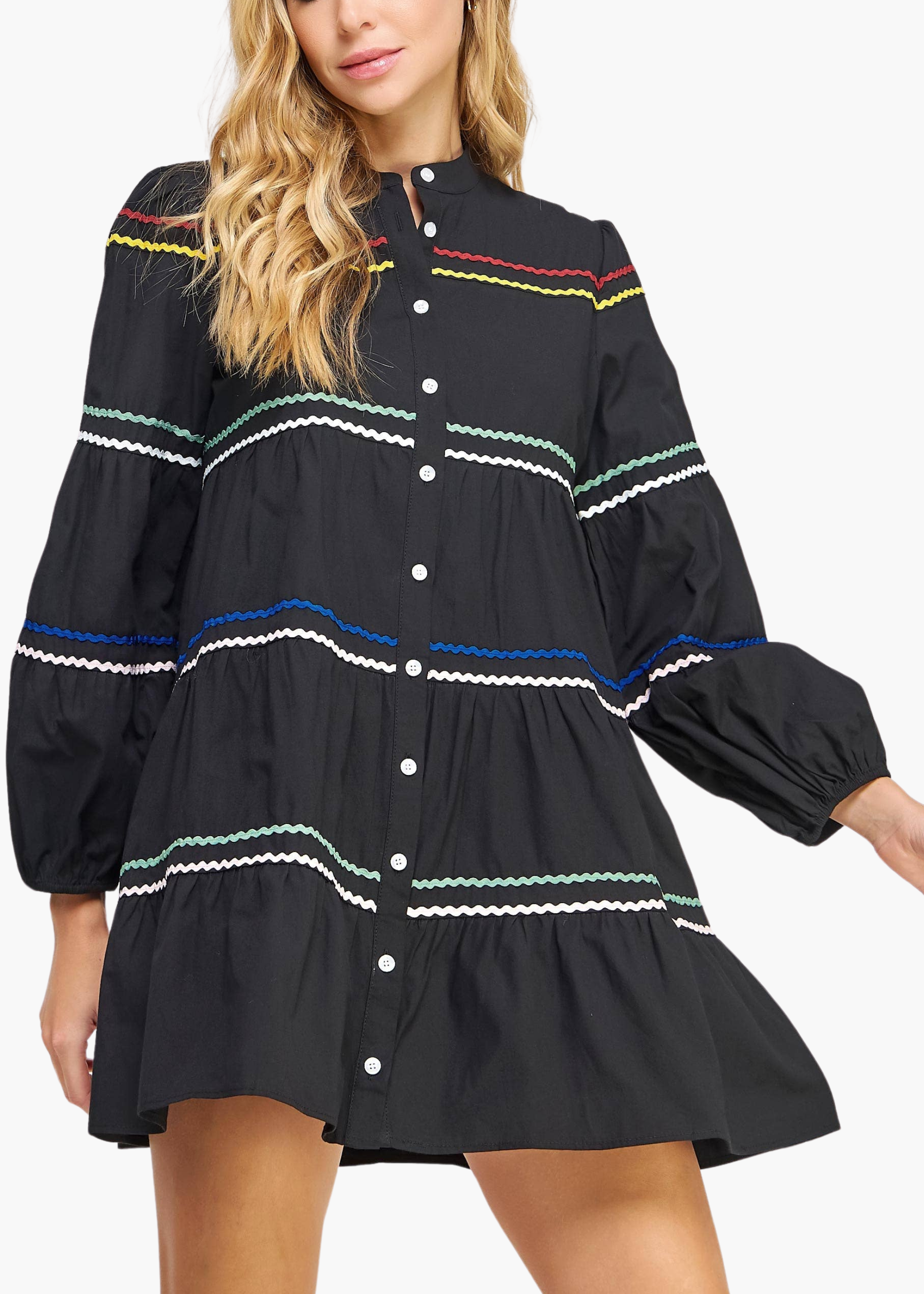 Ric-Rac Trim Mini Shirt Dress in Black