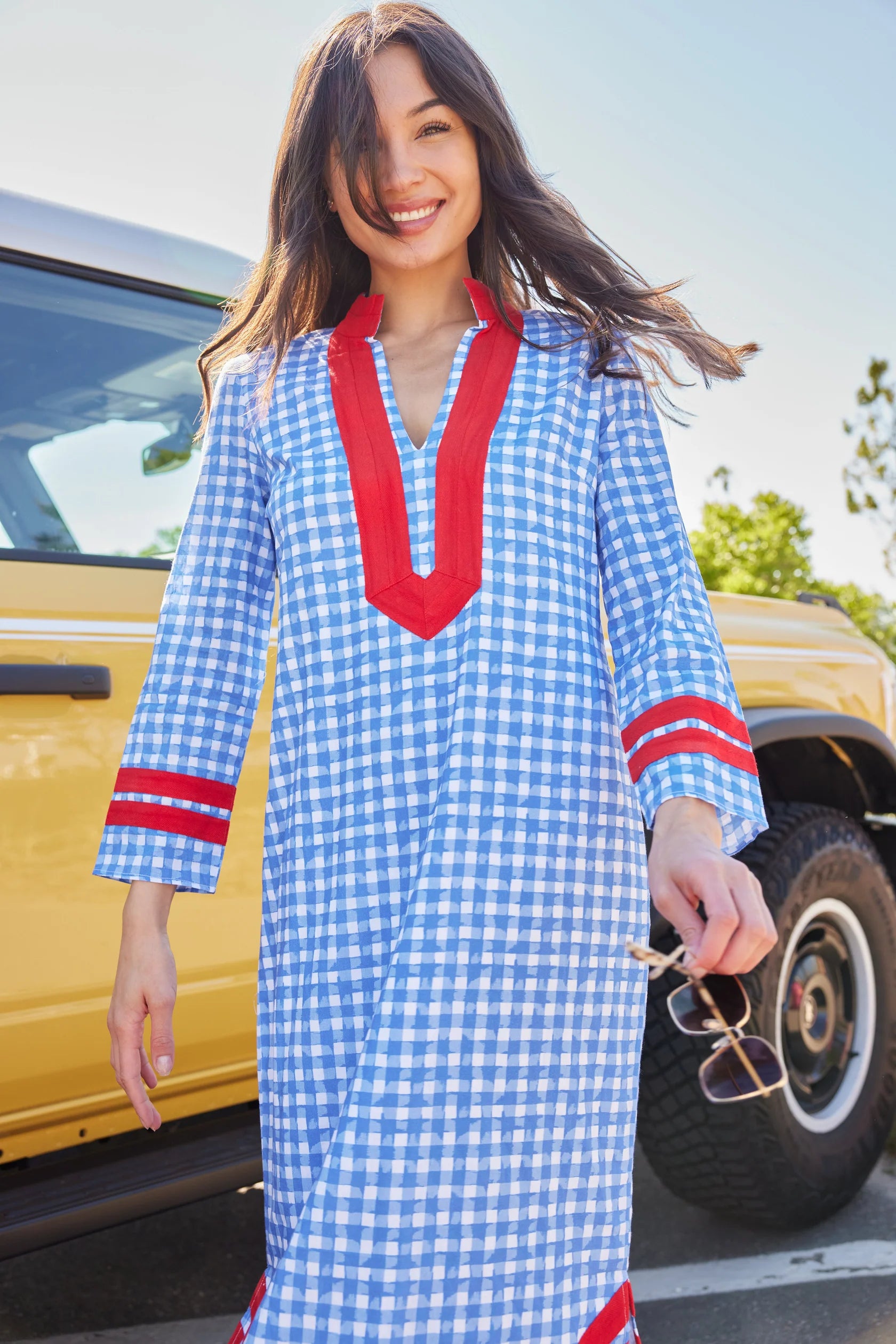 Long Sleeve Classic Maxi Tunic in Blue Gingham