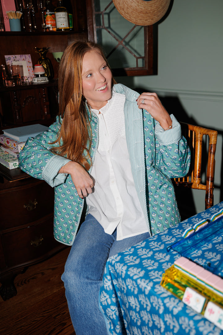 Block Print Floral and Stripe Reversible Jacket in Green