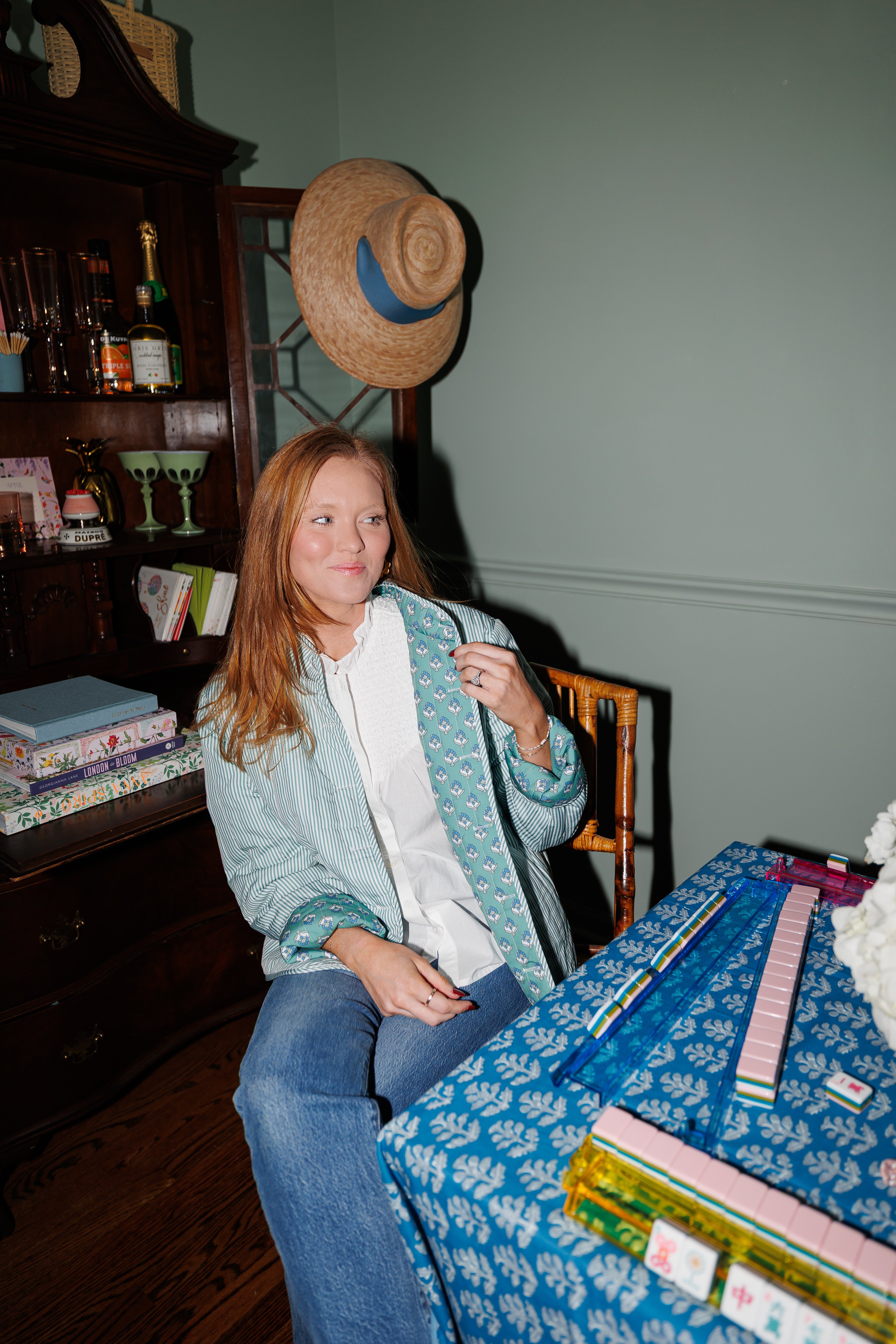 Block Print Floral and Stripe Reversible Jacket in Green