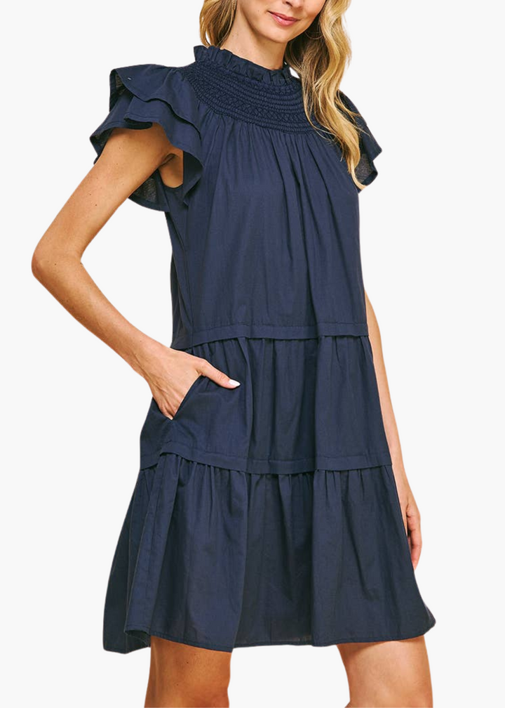 Callahan Smocked Neck Mini Dress in Navy