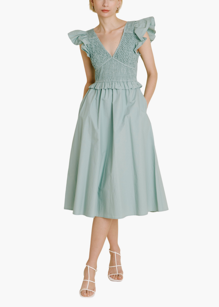 Smocked Flutter Sleeve Midi Dress in Sea