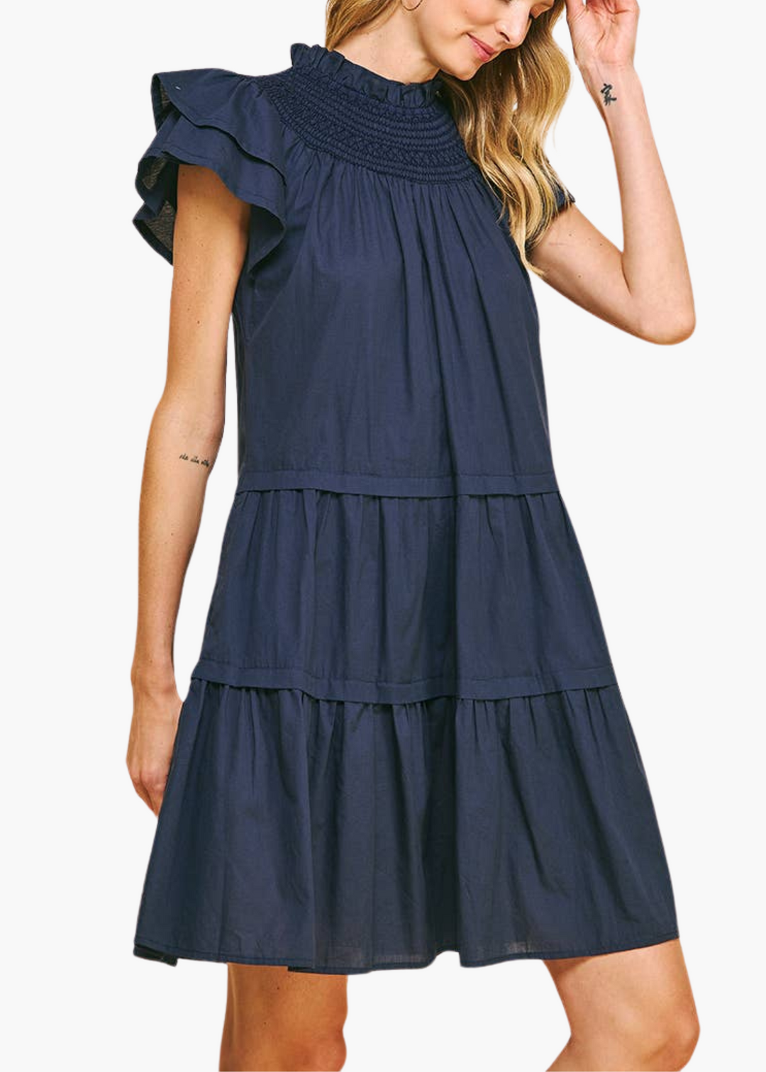 Callahan Smocked Neck Mini Dress in Navy