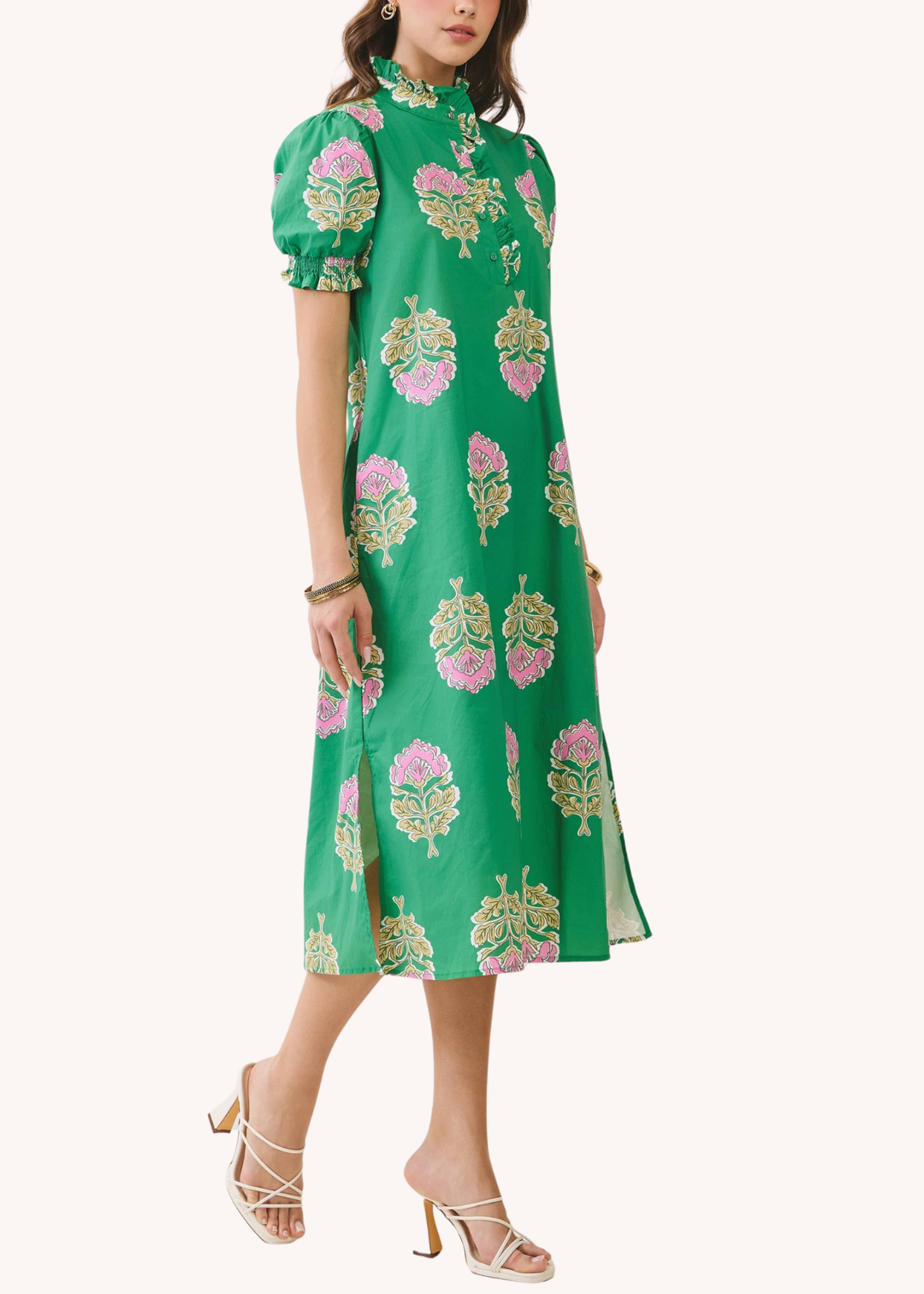 Fields Block Print Smocked Midi Dress in Green S