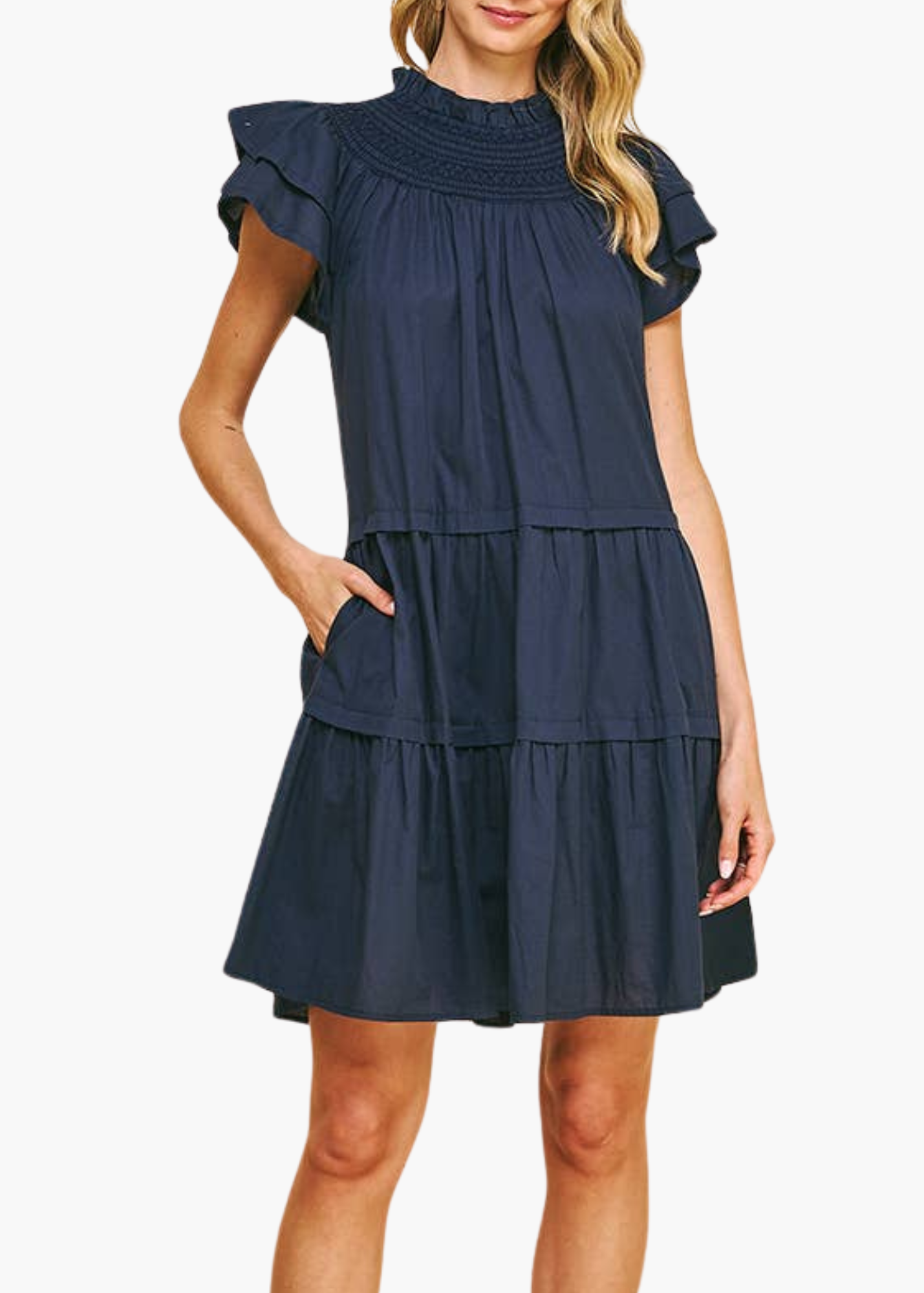 Callahan Smocked Neck Mini Dress in Navy