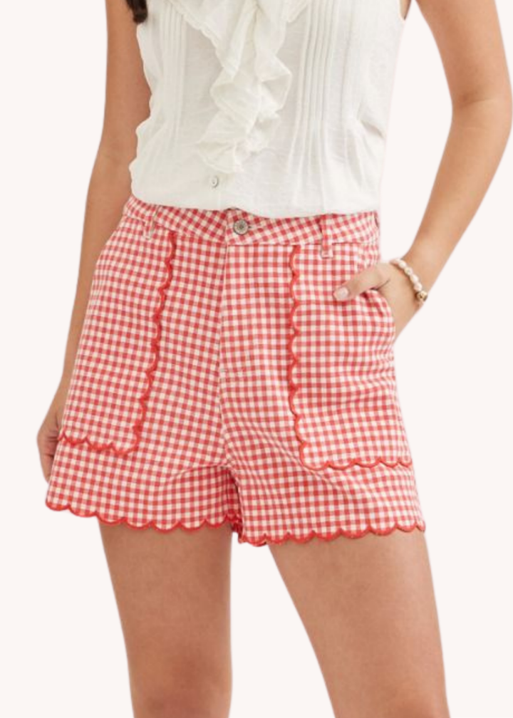 Sadie Scalloped Shorts in Red Gingham