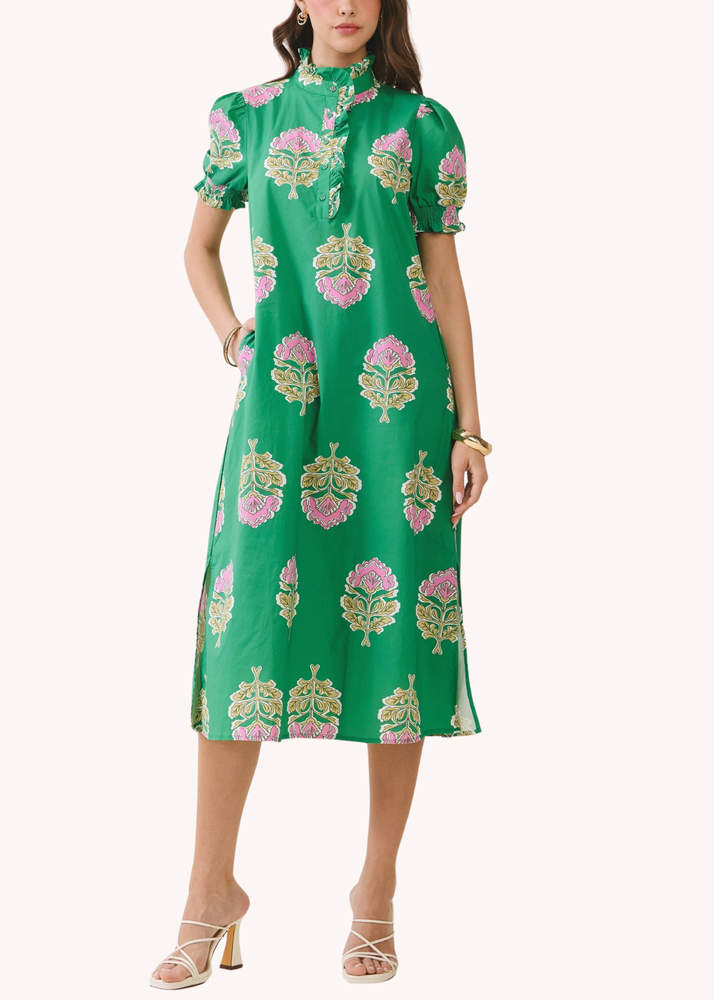 Fields Block Print Smocked Midi Dress in Green