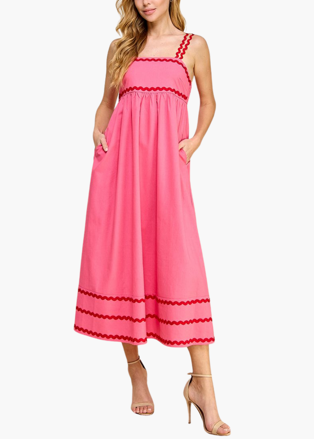 Avery Ric Rac Midi Dress | Pink and Red