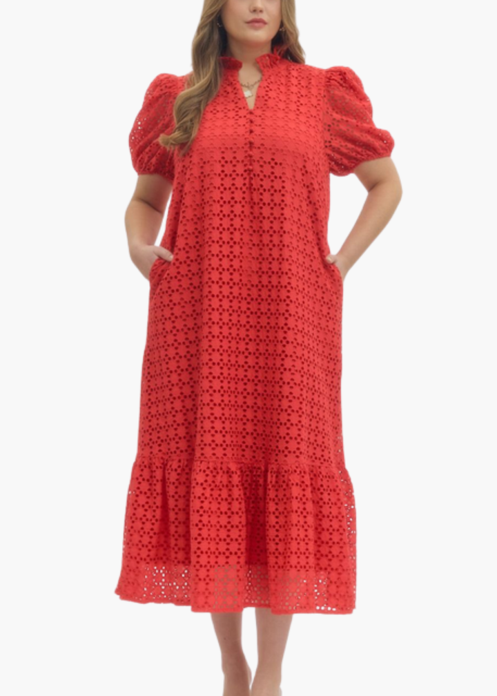 Laura Midi Dress in Red Eyelet