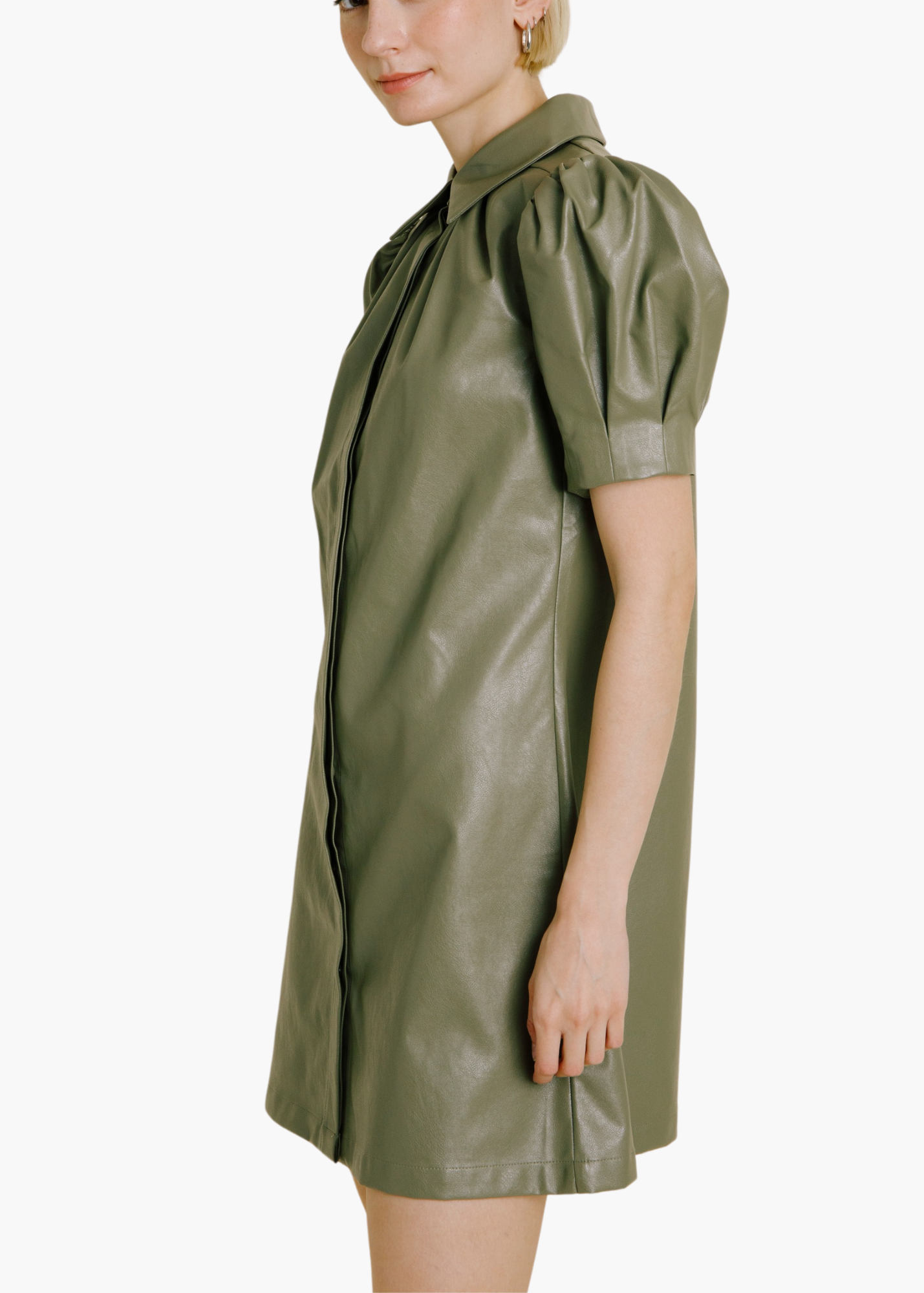 Veronica Vegan Leather Mini Dress in Olive