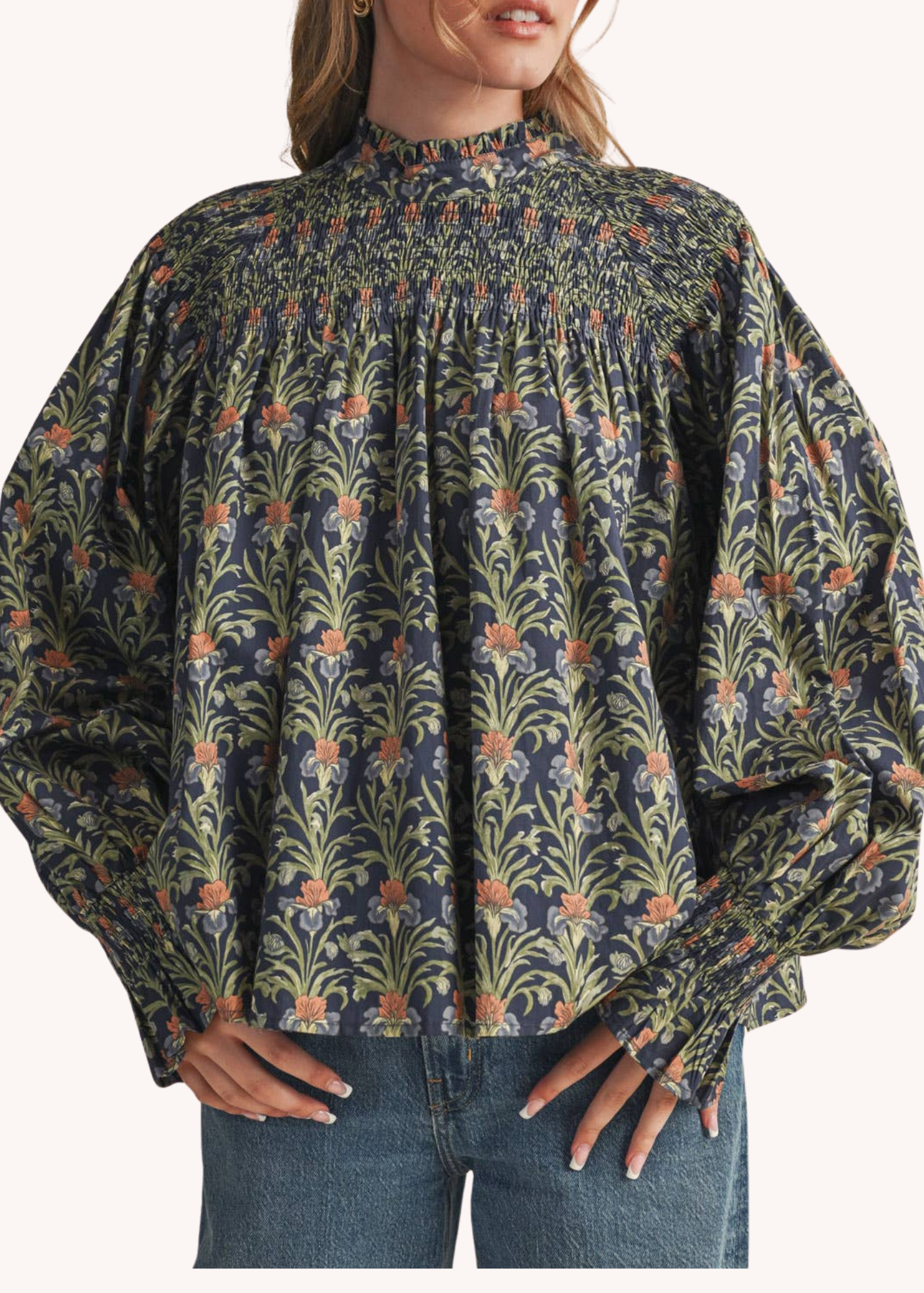 Kaki Smocked Cotton Top in Navy