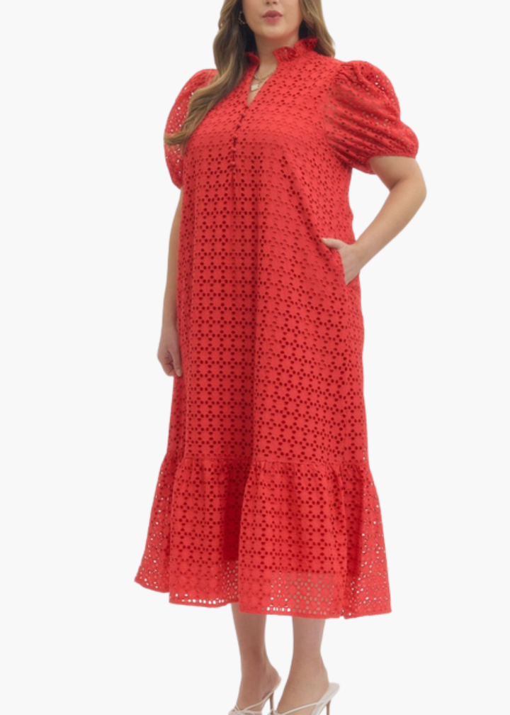 Laura Midi Dress in Red Eyelet