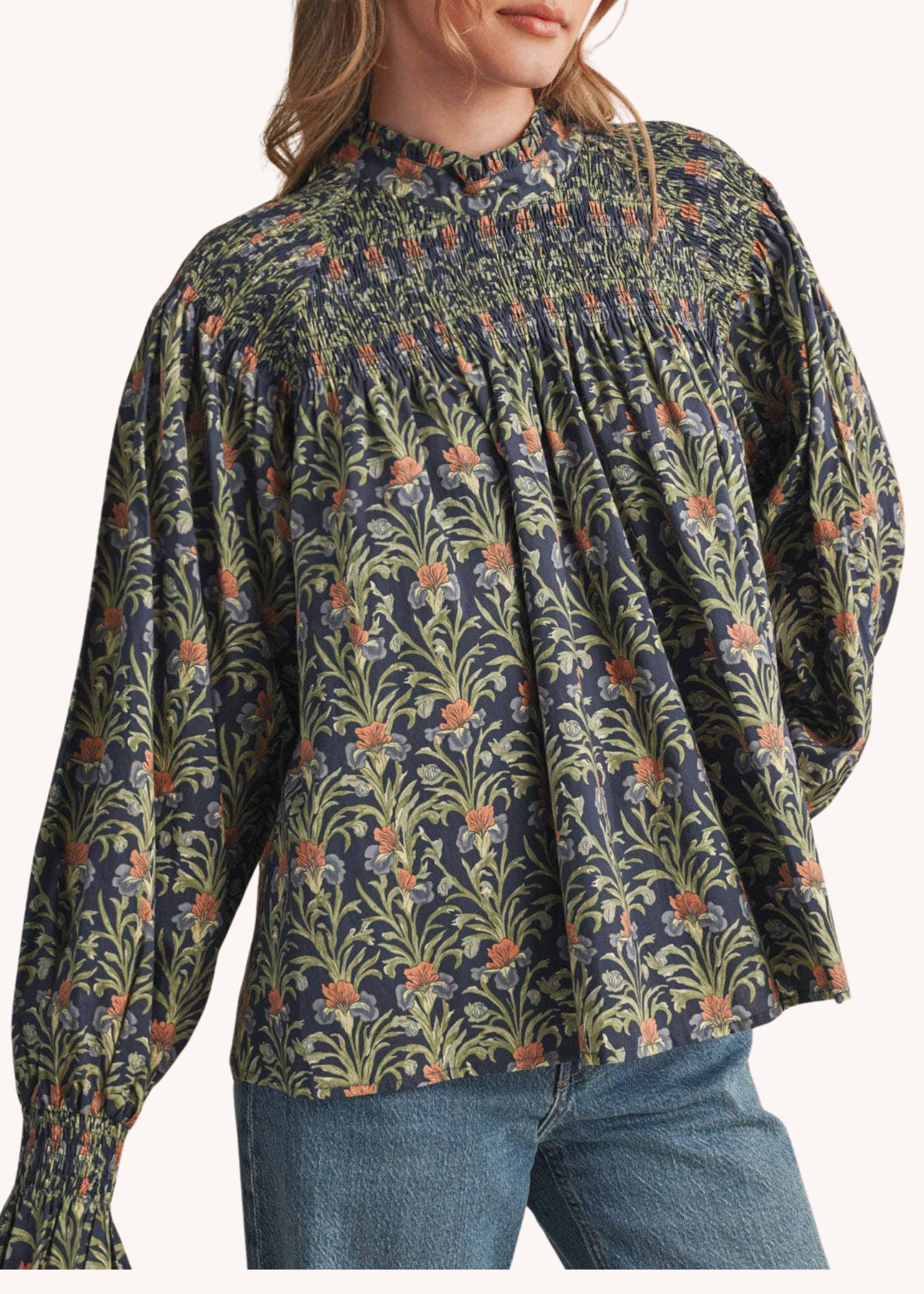 Kaki Smocked Cotton Top in Navy