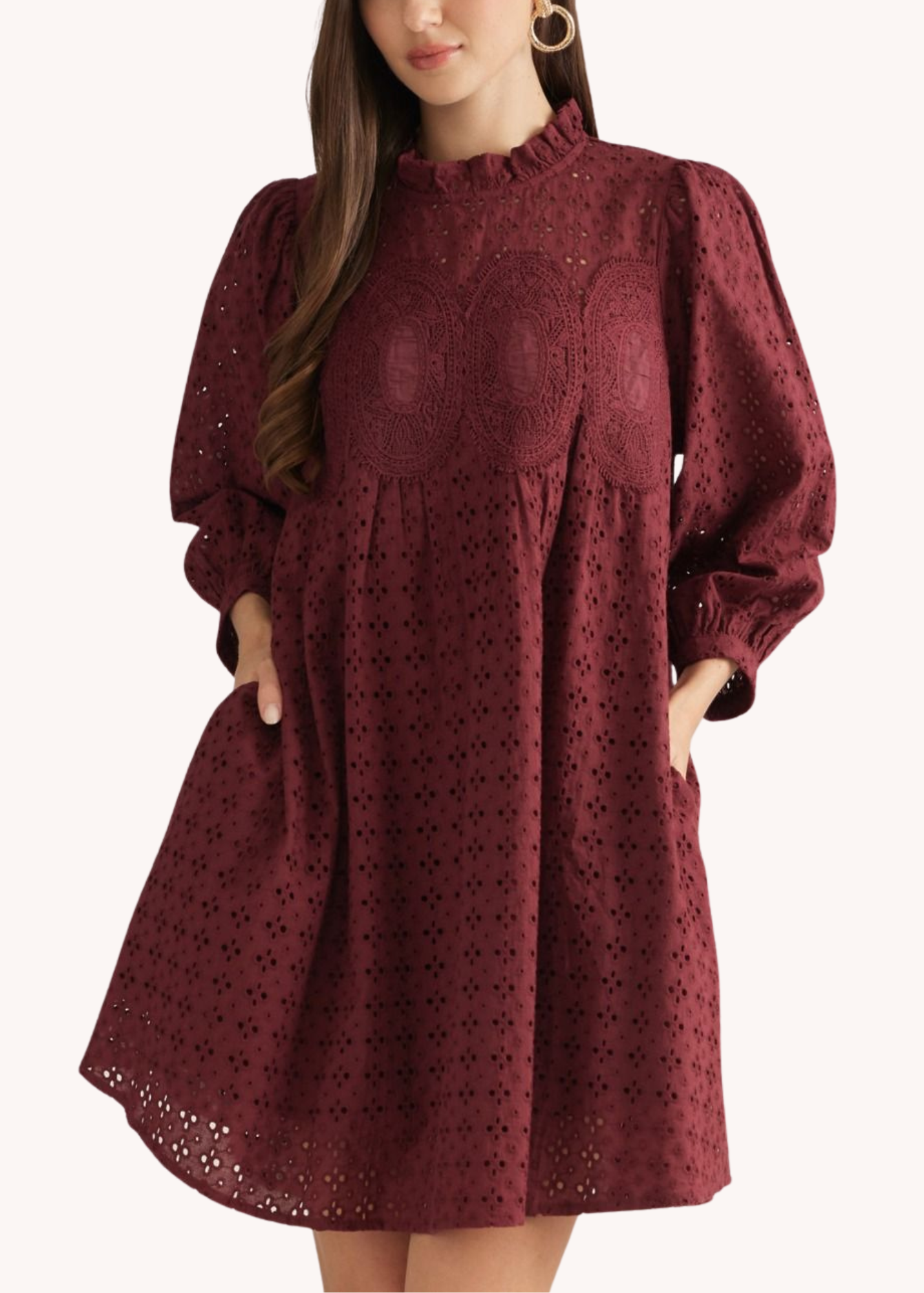 Penelope Cotton Eyelet Mini Dress in Burgundy