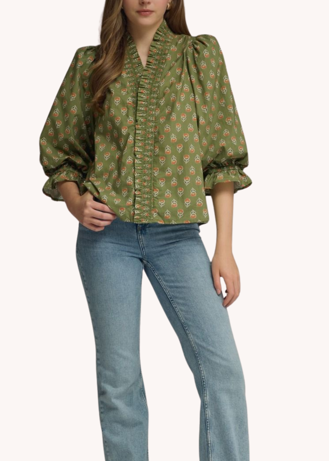 Caden Cotton Blockprint Top in Olive