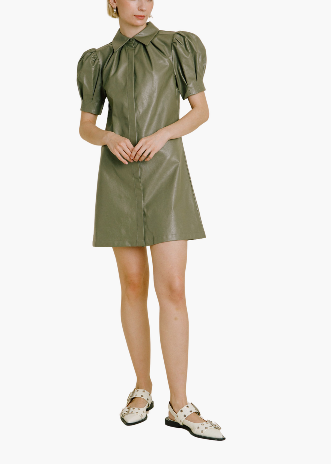 Veronica Vegan Leather Mini Dress in Olive