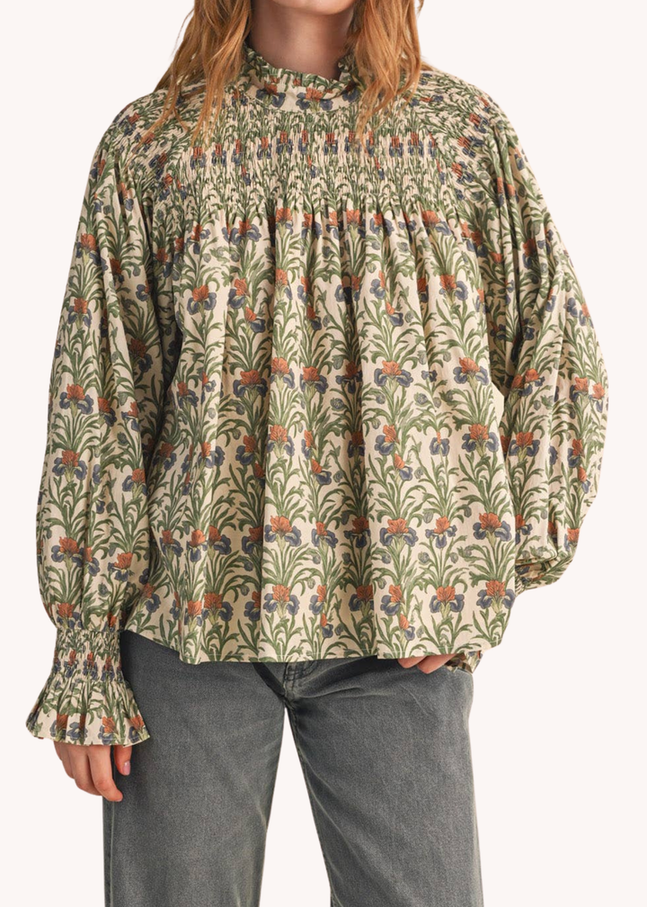 Kaki Smocked Cotton Top in Ecru