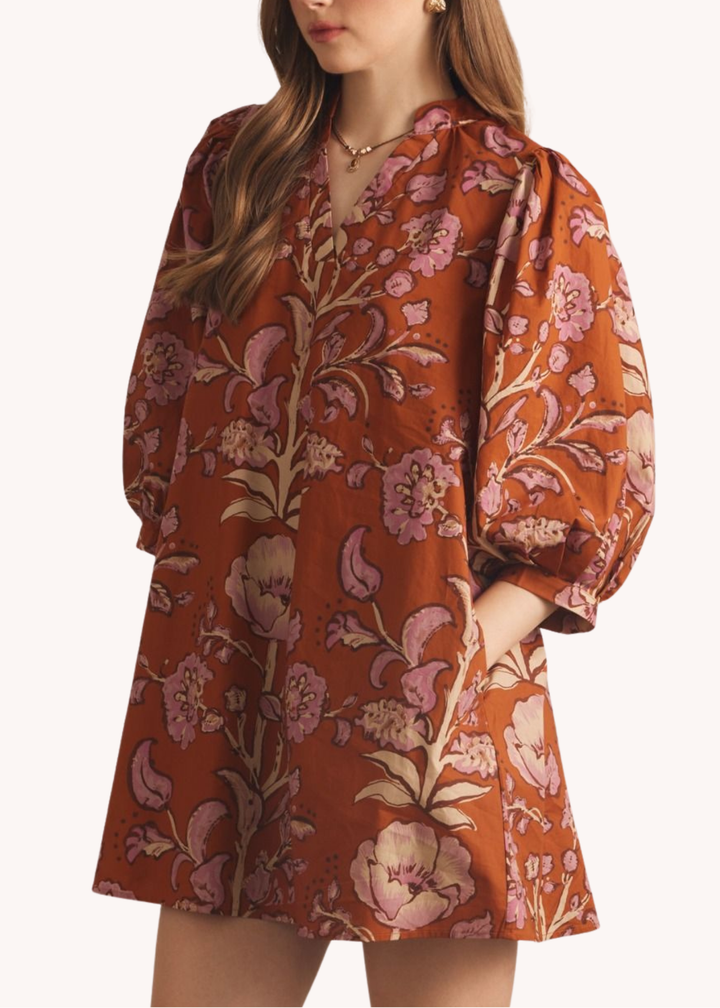 Mara Cotton Mini Dress in Rust