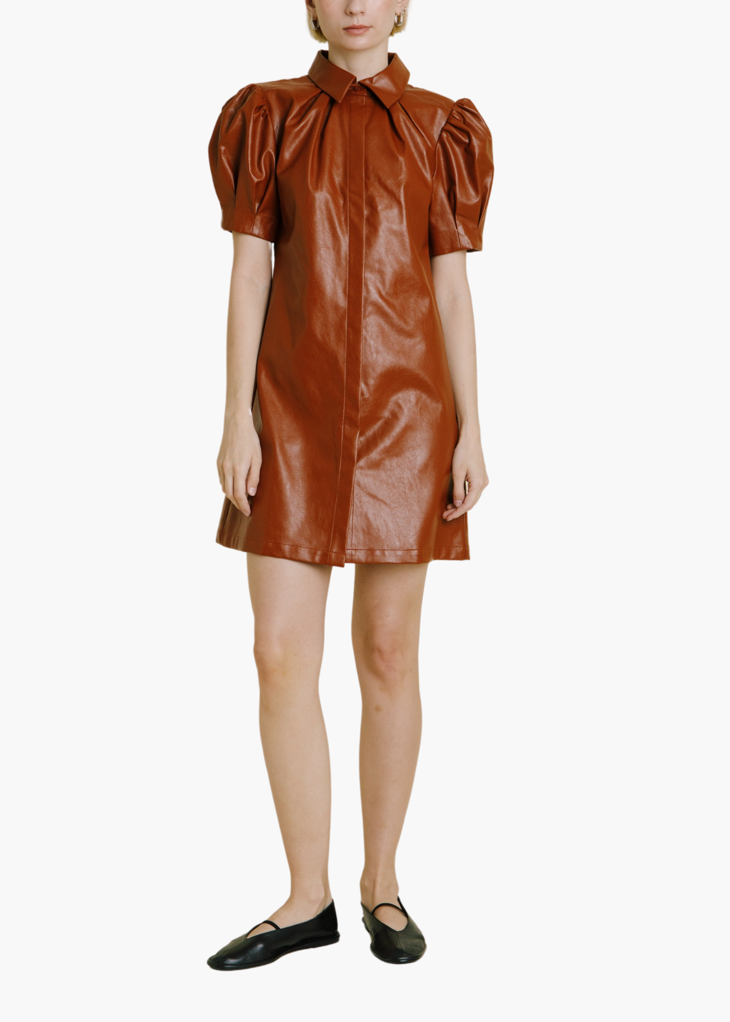 Veronica Vegan Leather Mini Dress in Cognac