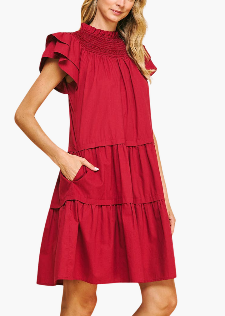 Callahan Smocked Neck Mini Dress in Cranberry