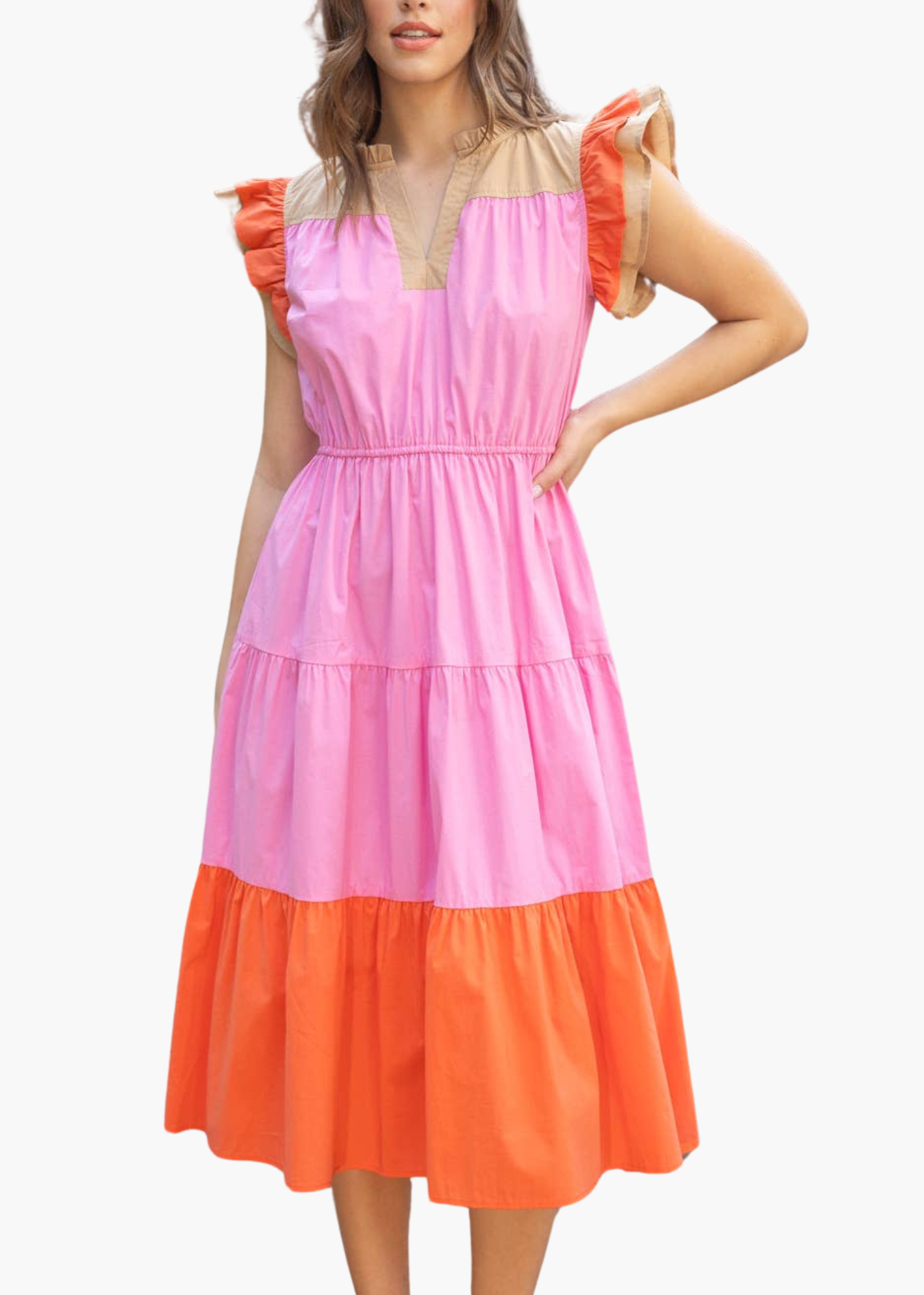 Kory Midi Dress in Pink Colorblock