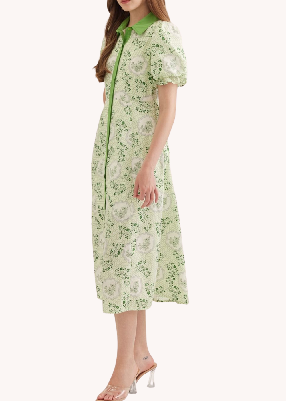 Puff Sleeve Cotton Midi Dress in Green M Puff Sleeve Cotton Midi Dress in Green M