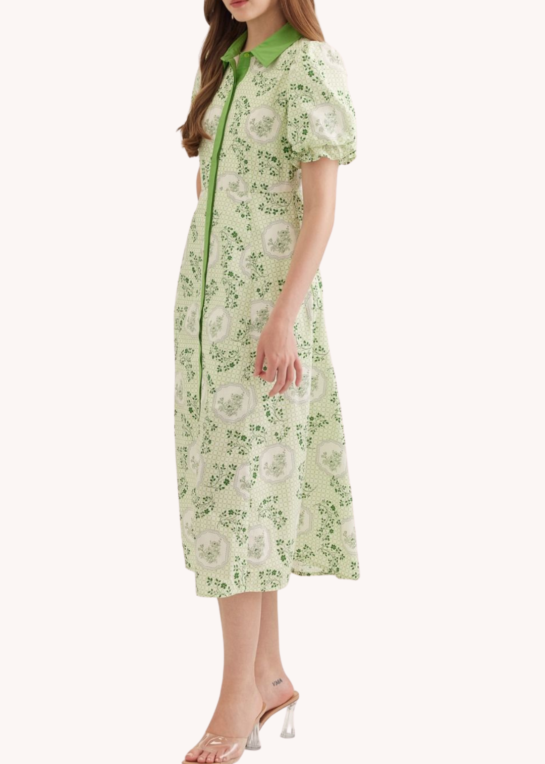 Puff Sleeve Cotton Midi Dress in Green