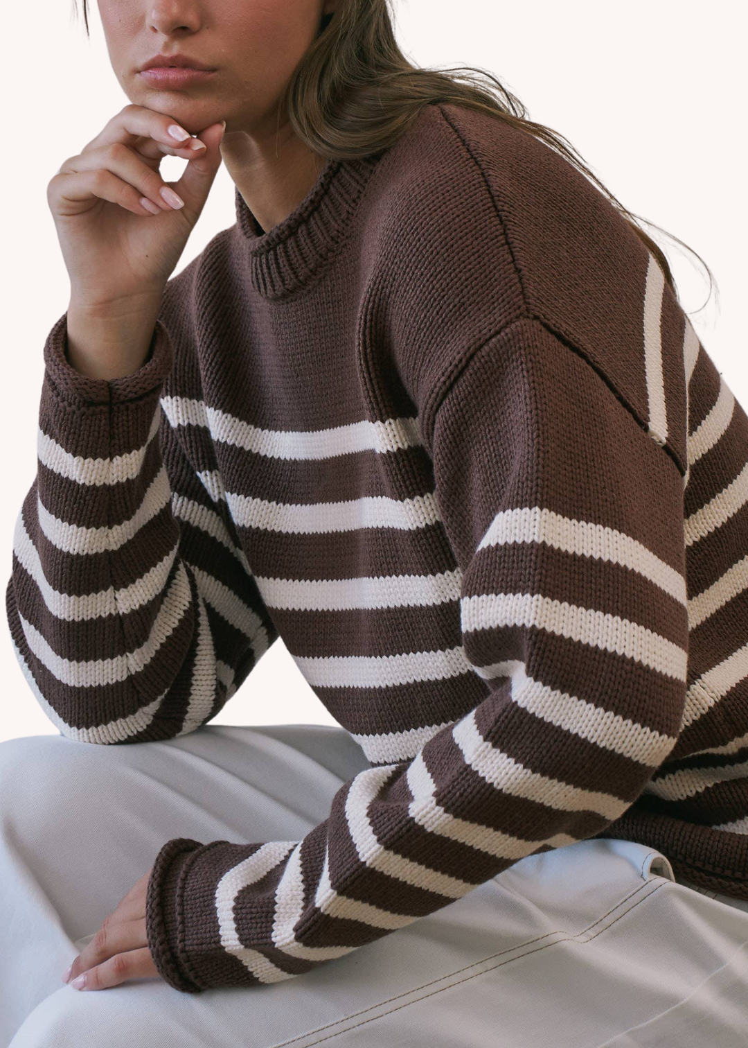 Striped Roll Neck Sweater in Chocolate
