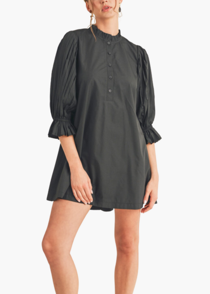 Abigail Pleated Sleeve Mini Dress in Black