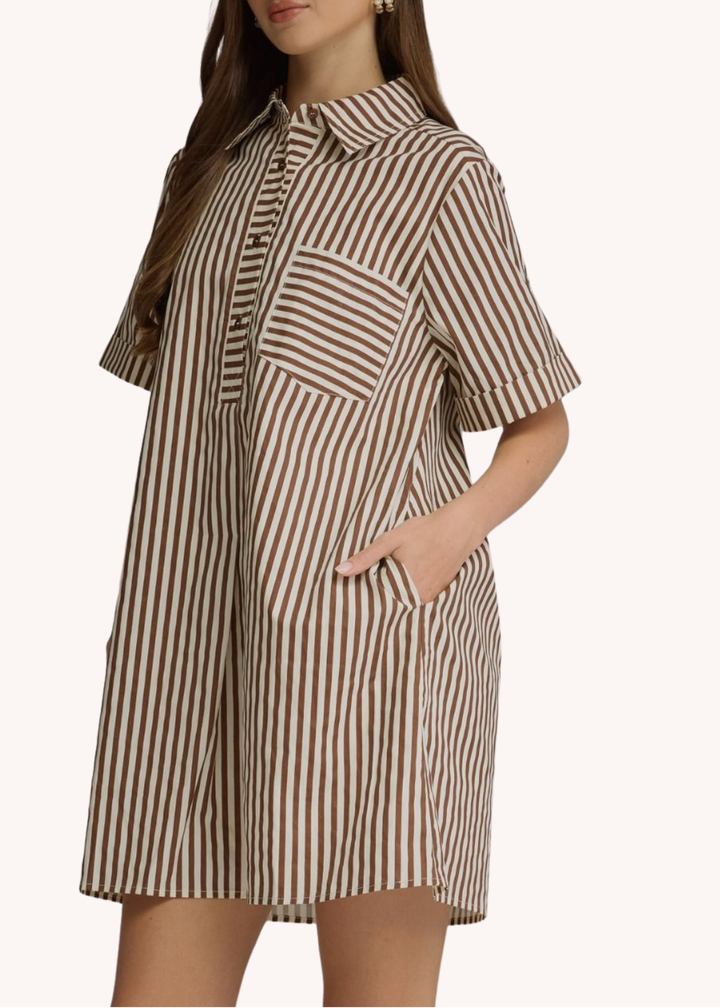 Caroline Cotton Mini Striped Dress in Brown