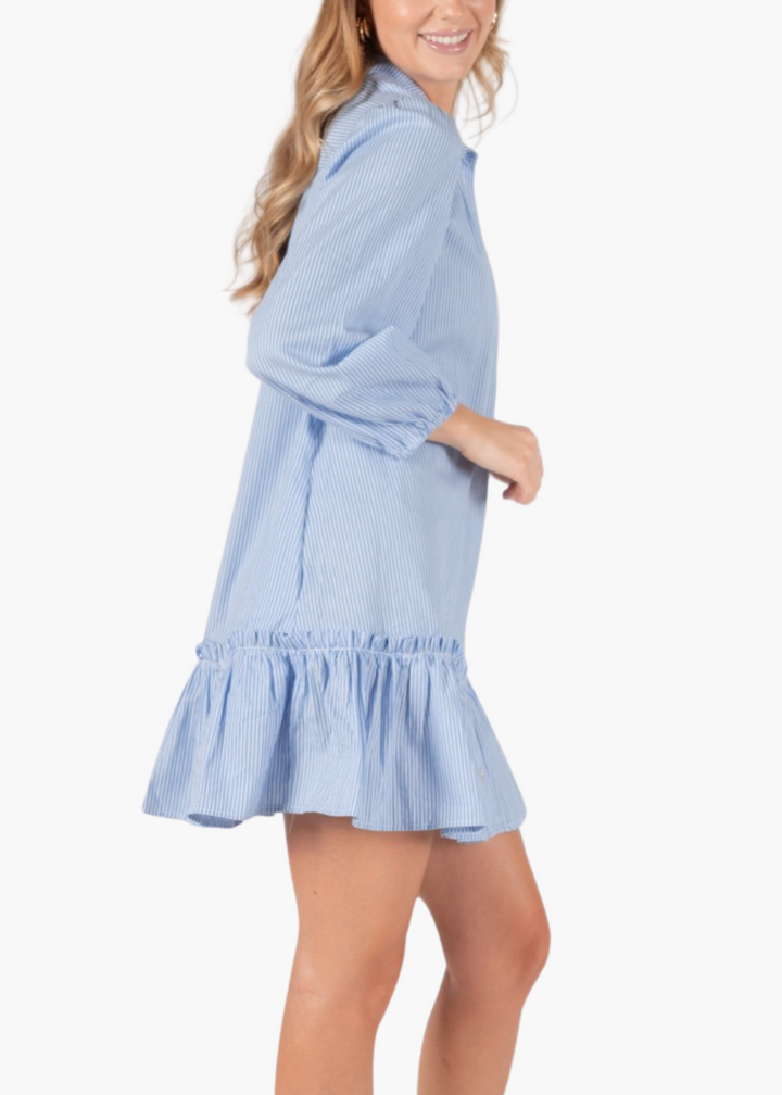Striped Poplin Ruffled Hem Button Up Shirt Dress in Harbor Stripe