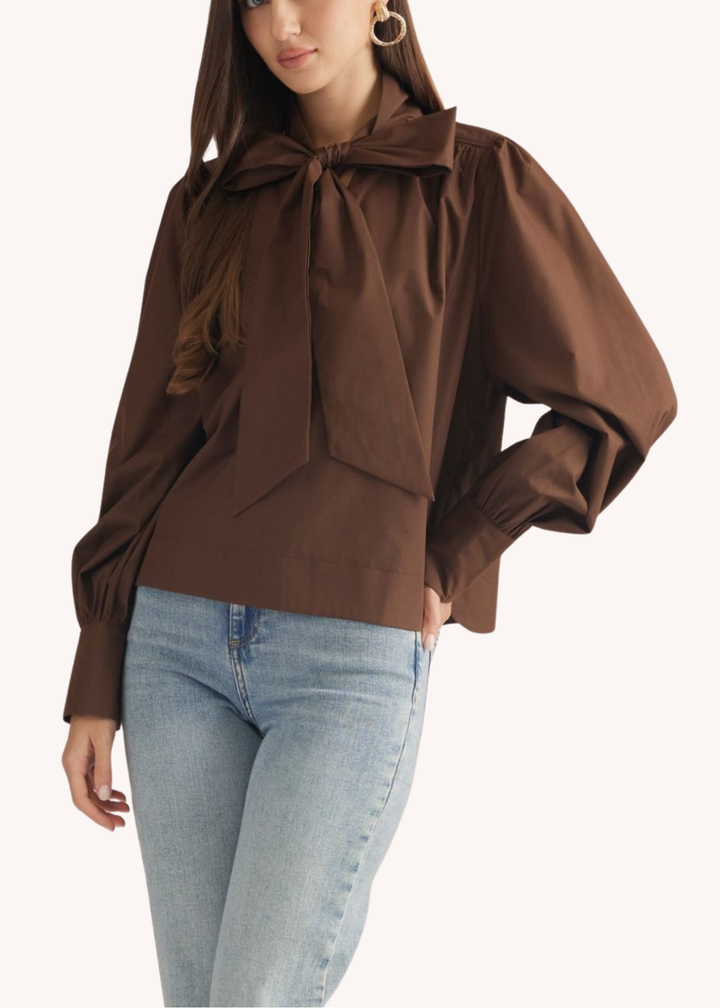 Dylan Cotton Neck Tie Top in Chocolate