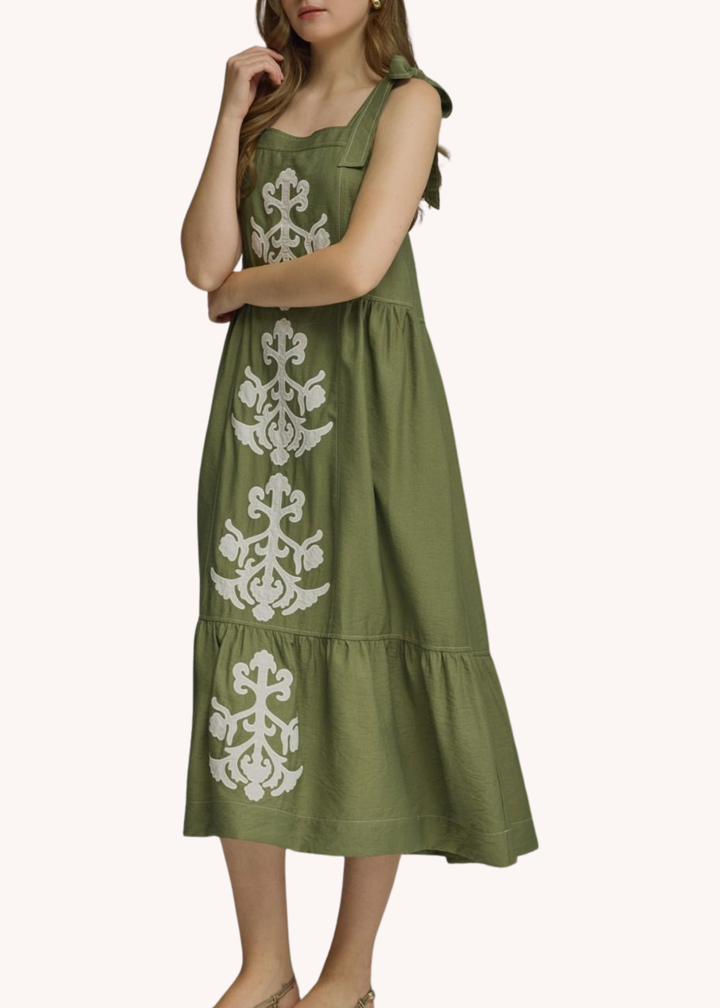 Casie Blockprint Appliqué Dress in Olive