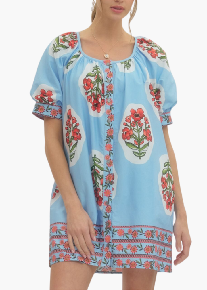 Sarah Blockprint Mini Dress in Light Blue