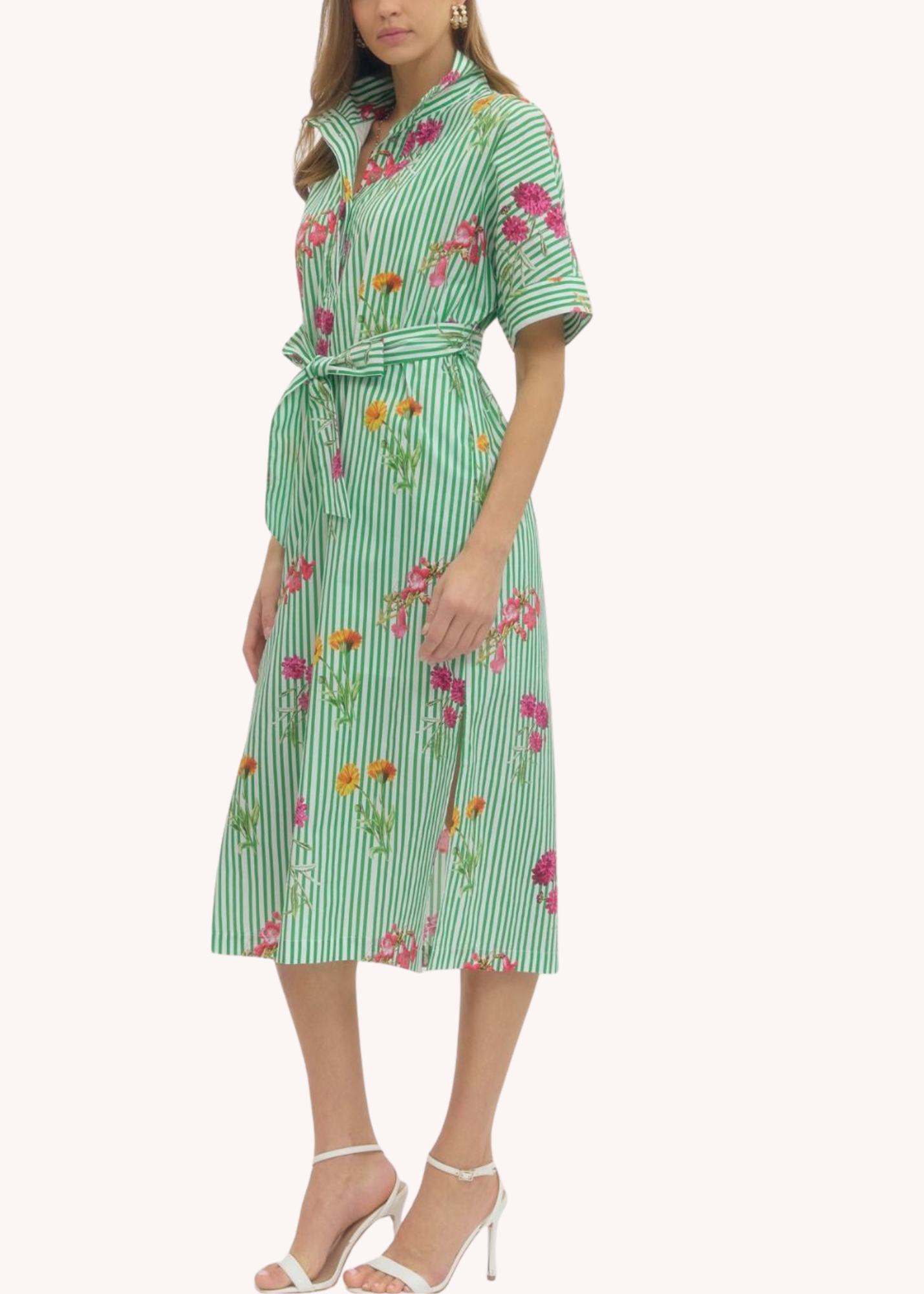 Bouquet Stripe Cotton Midi Shirt Dress