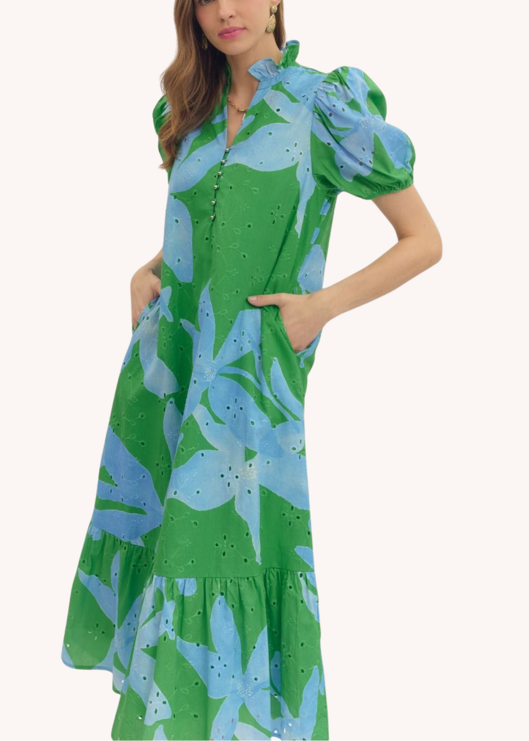 Botanical Cotton Midi Dress in Green