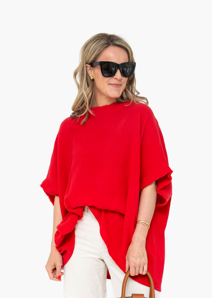 Soft-Gauze Poncho in Red