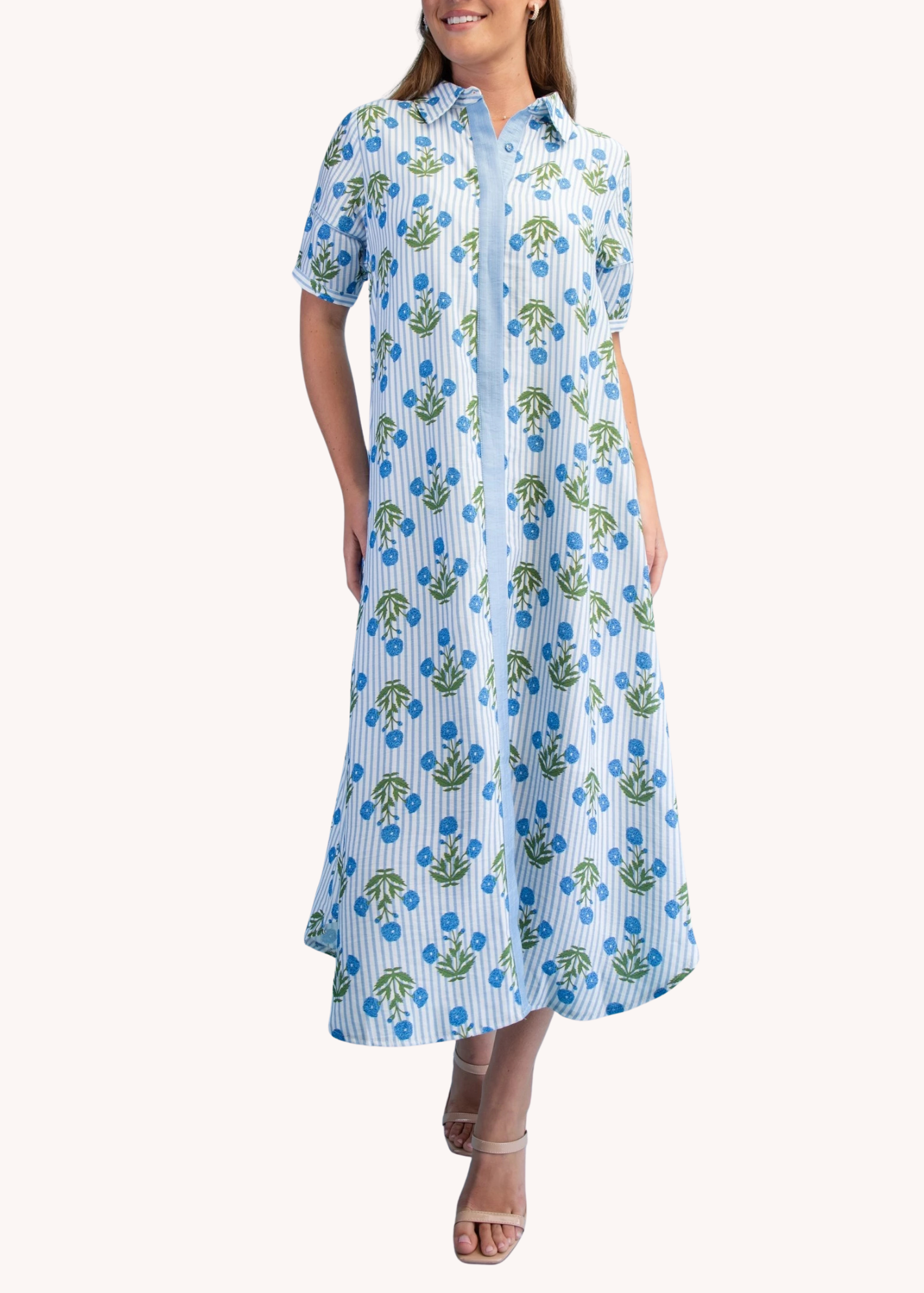 Madeline Block Print Midi Dress in Blue
