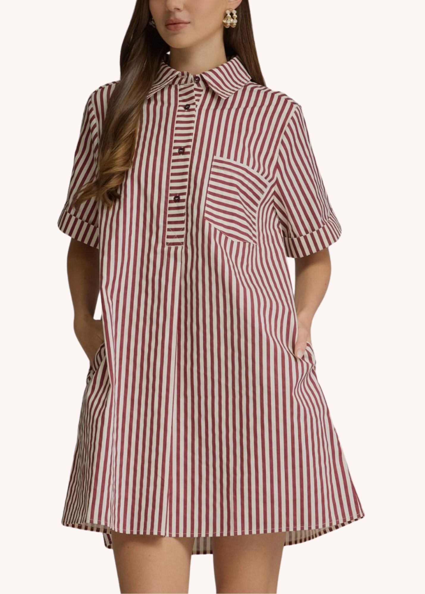Caroline Cotton Mini Striped Dress in Burgundy