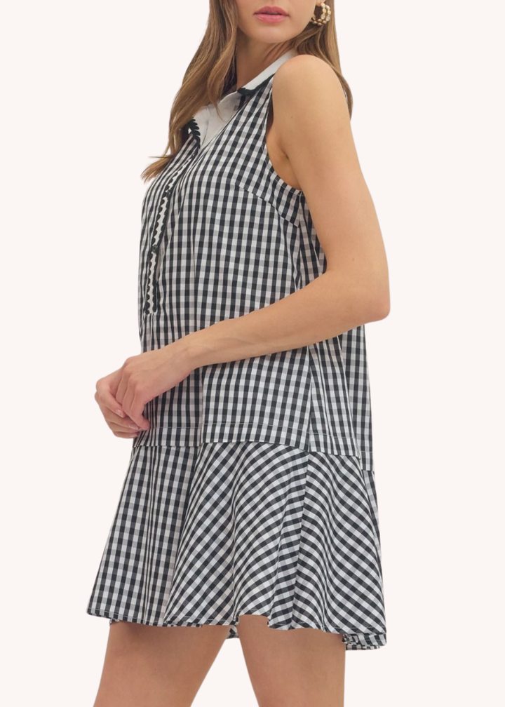 Gingham Cotton Mini Dress in Black