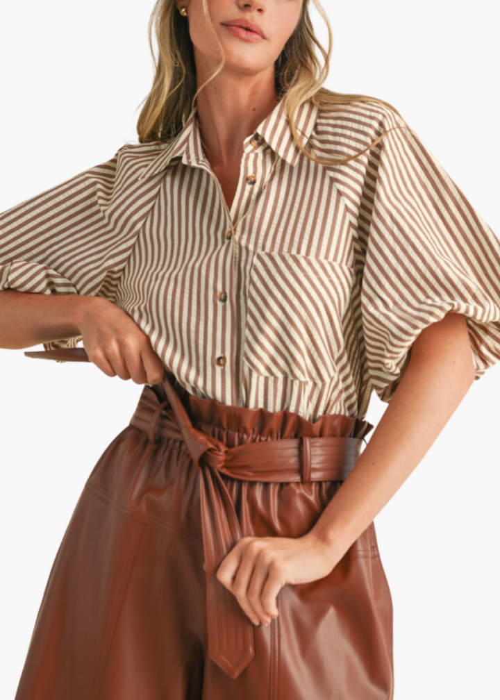 Marsella Button Up Top in Pecan Stripe