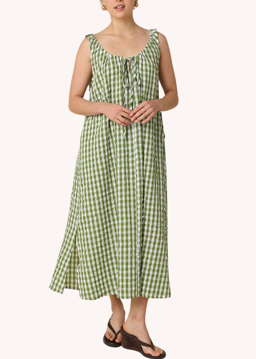 Lyla Gingham Bow Front Maxi Dress in Green Poppy and Pink Lyla Gingham Bow Front Maxi Dress in Green Poppy and Pink