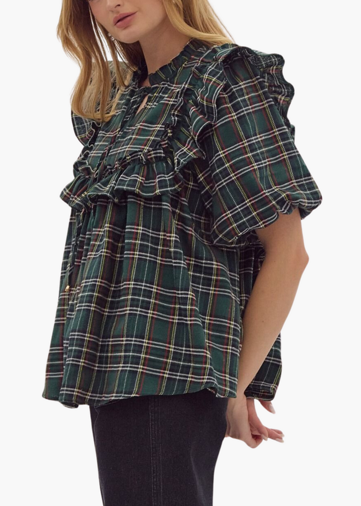 Evan Ruffle Top in Green Plaid