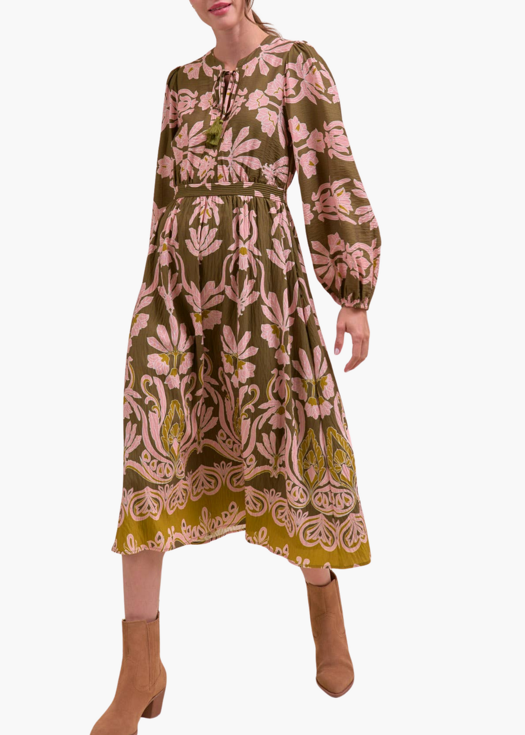 Logan Floral Print Midi Dress in Olive