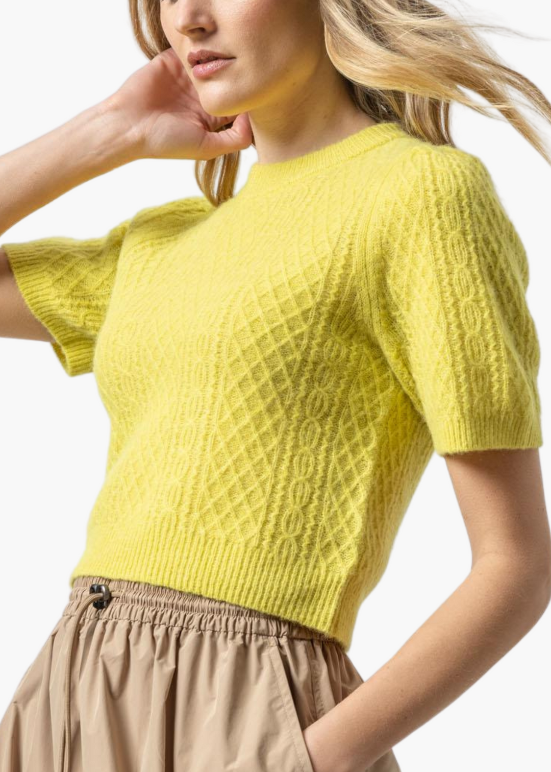 Cropped Cable Sweater in Lemongrass