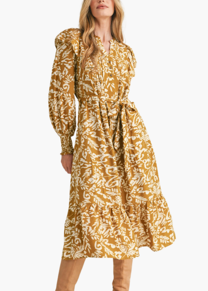 Darcy Midi Dress in Golden Leaves