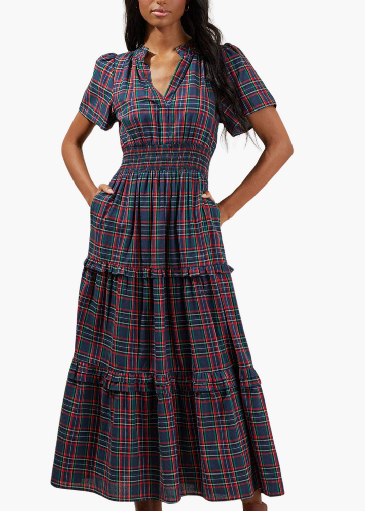 Miley Plaid Palmer Poplin Tiered Maxi Dress