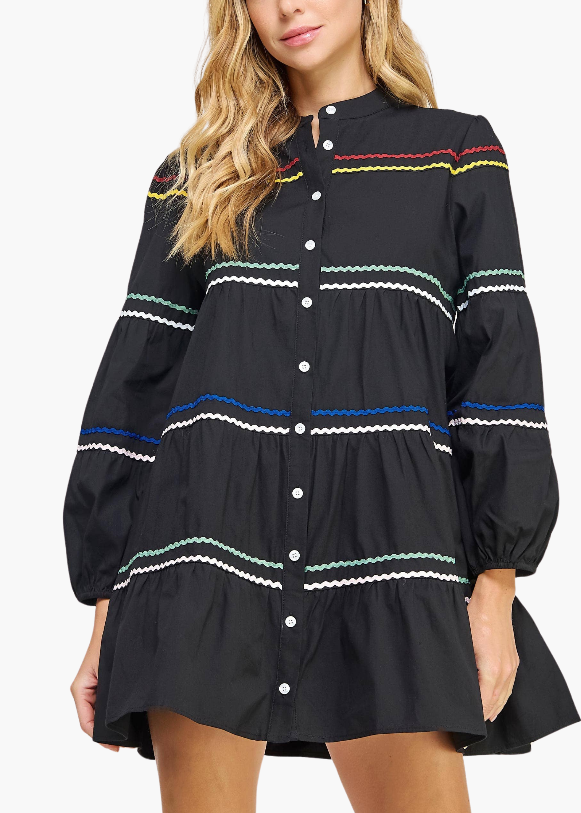 Ric-Rac Trim Mini Shirt Dress in Black