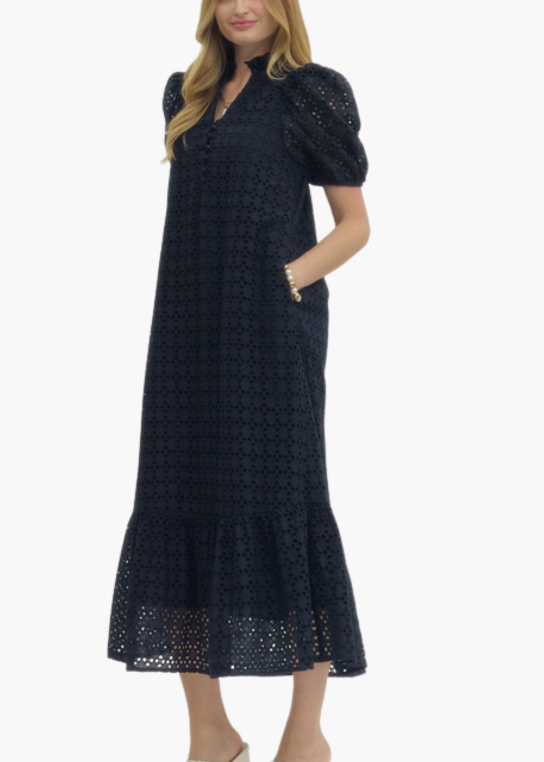 Laura Midi Dress in Navy Eyelet